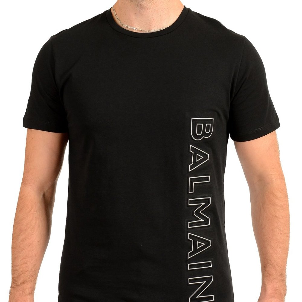 Balmain Men's Black Embossed Balmain Logo Crewneck Short Sleeve T-Shirt